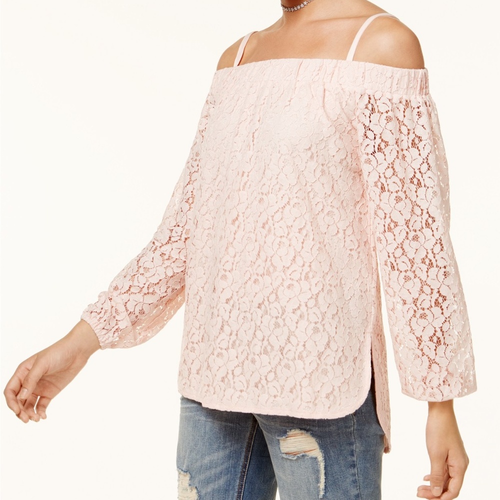 7 Sisters Juniors' Off-The-Shoulder Lace High-Low